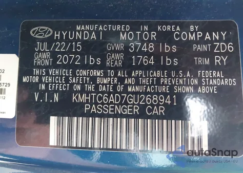 2016 Hyundai Veloster из США, поврежденный, VIN KMHTC6AD7GU268941